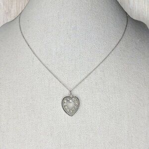 Vintage Sterling Silver Heart Pendant Necklace With Clear Rhinestones Signed 14"
